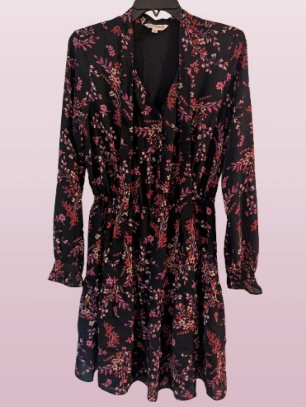 Nanette Lepore Black Floral Long-Sleeve Dress with Pink & Orange Accents